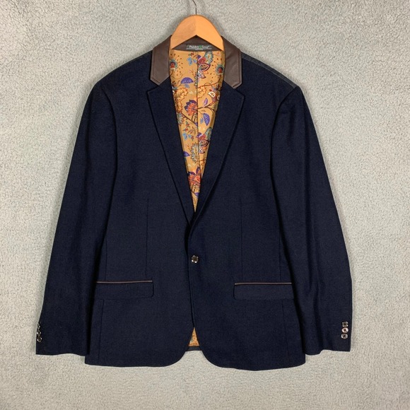 Paisley & Gray Blazer Sport Coat Mens 2XL Navy Slim Wool Blend Faux Leather Trim
